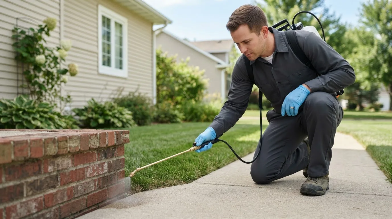 Pest control technician treating a home near Fairfax, MO